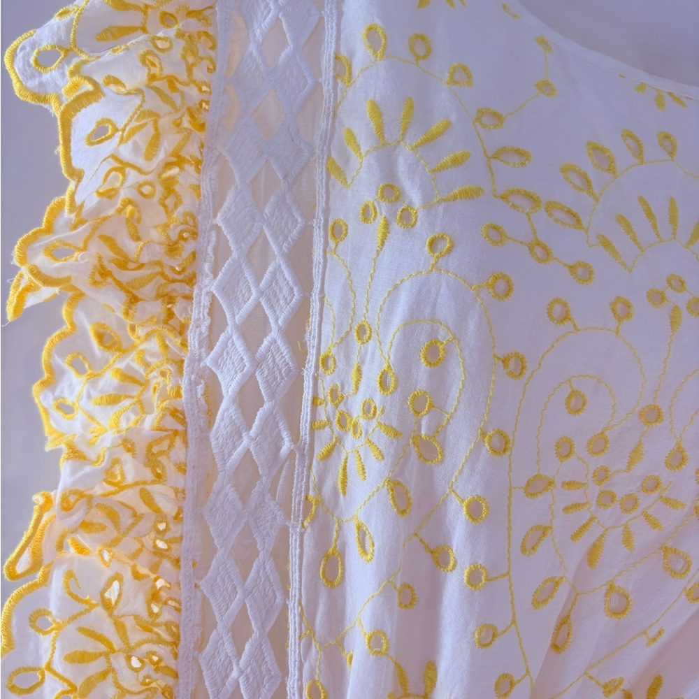 NJ Couture Yellow and White Eyelet Lace Tiered Sundress Ruffles Sunny Size L - Picture 9 of 17